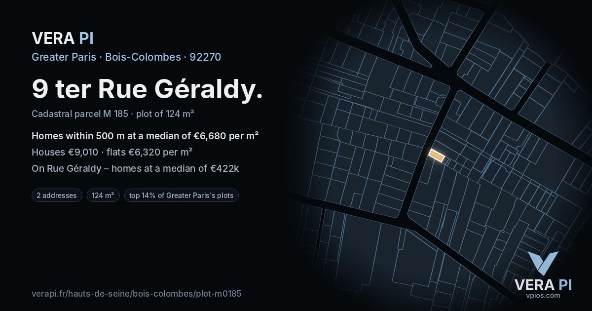 9 ter Rue Géraldy, Bois-Colombes at night – the plot lit, the parcels around coloured by the prices near them