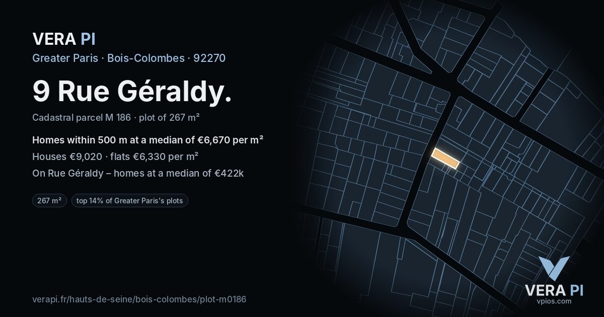 9 Rue Géraldy, Bois-Colombes at night – the plot lit, the parcels around coloured by the prices near them