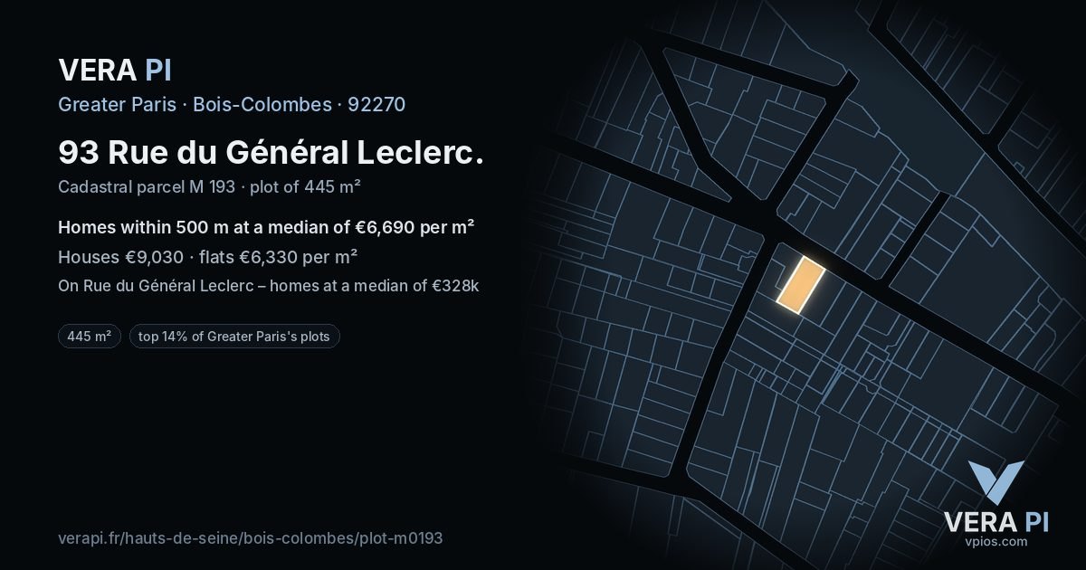 93 Rue du Général Leclerc, Bois-Colombes at night – the plot lit, the parcels around coloured by the prices near them
