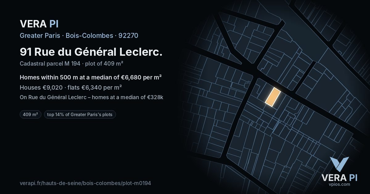 91 Rue du Général Leclerc, Bois-Colombes at night – the plot lit, the parcels around coloured by the prices near them