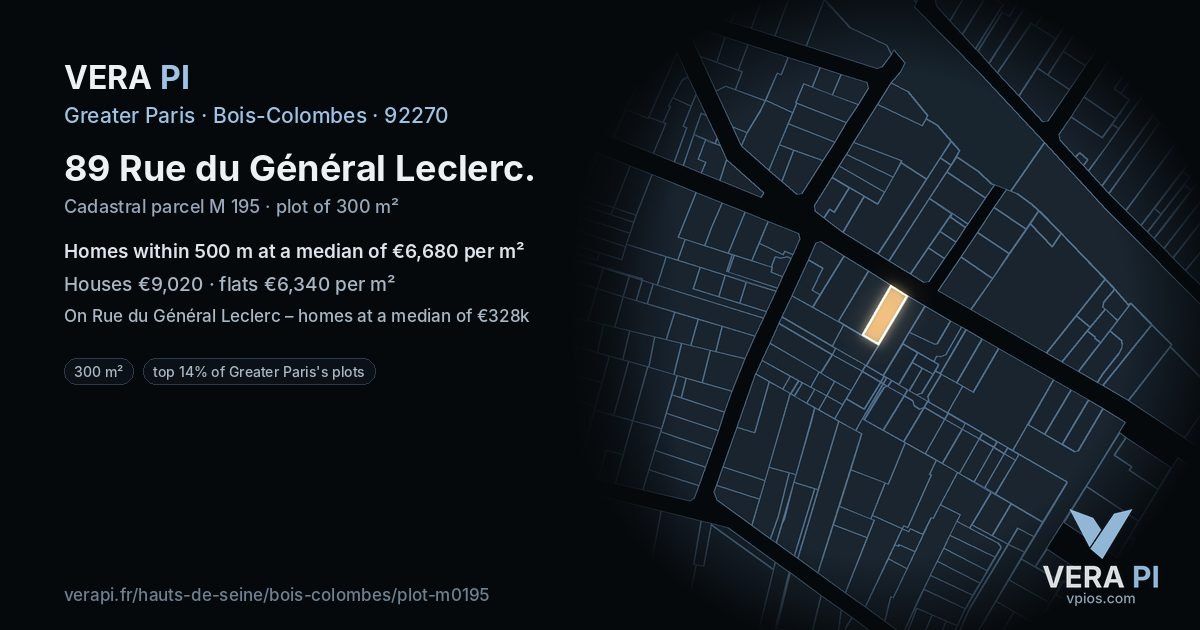 89 Rue du Général Leclerc, Bois-Colombes at night – the plot lit, the parcels around coloured by the prices near them