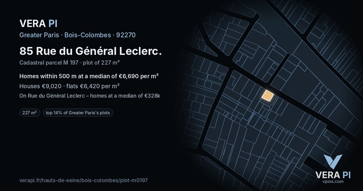85 Rue du Général Leclerc, Bois-Colombes at night – the plot lit, the parcels around coloured by the prices near them