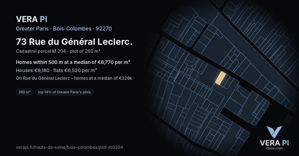 73 Rue du Général Leclerc, Bois-Colombes at night – the plot lit, the parcels around coloured by the prices near them
