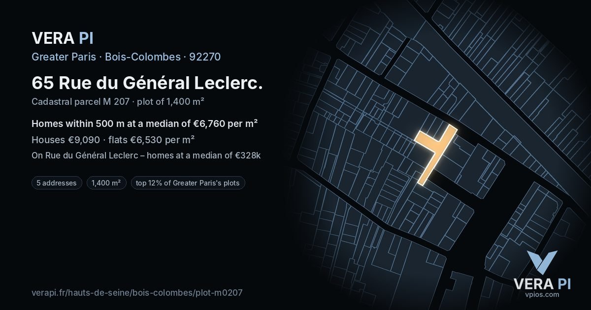65 Rue du Général Leclerc, Bois-Colombes at night – the plot lit, the parcels around coloured by the prices near them