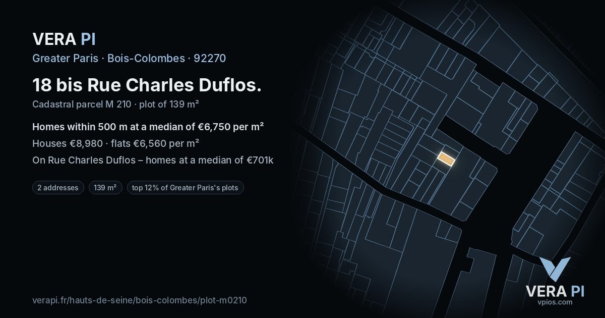 18 bis Rue Charles Duflos, Bois-Colombes at night – the plot lit, the parcels around coloured by the prices near them