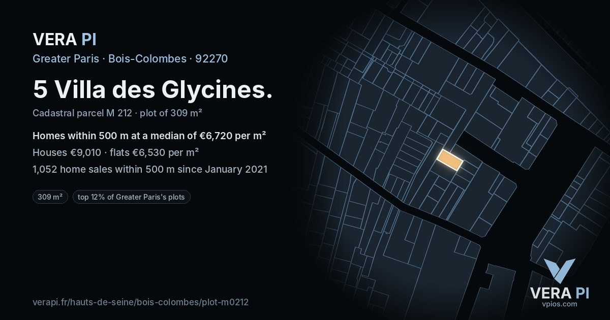 5 Villa des Glycines, Bois-Colombes at night – the plot lit, the parcels around coloured by the prices near them