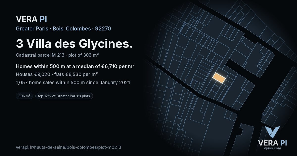 3 Villa des Glycines, Bois-Colombes at night – the plot lit, the parcels around coloured by the prices near them