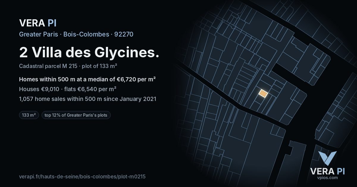 2 Villa des Glycines, Bois-Colombes at night – the plot lit, the parcels around coloured by the prices near them