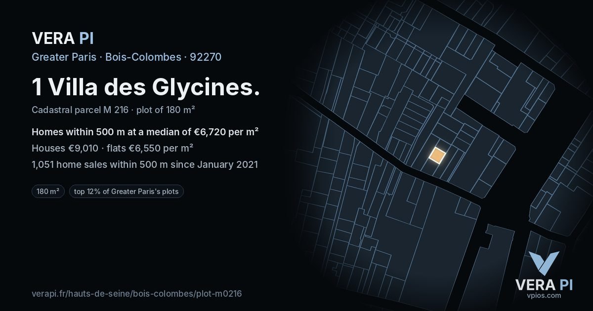 1 Villa des Glycines, Bois-Colombes at night – the plot lit, the parcels around coloured by the prices near them