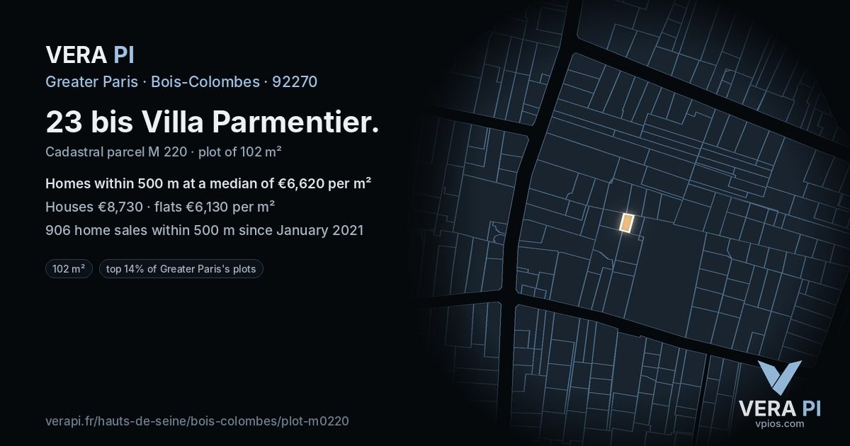 23 bis Villa Parmentier, Bois-Colombes at night – the plot lit, the parcels around coloured by the prices near them