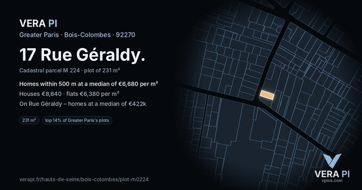 17 Rue Géraldy, Bois-Colombes at night – the plot lit, the parcels around coloured by the prices near them