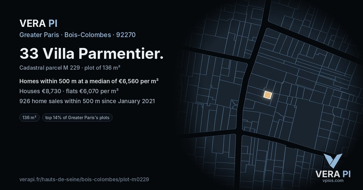 33 Villa Parmentier, Bois-Colombes at night – the plot lit, the parcels around coloured by the prices near them