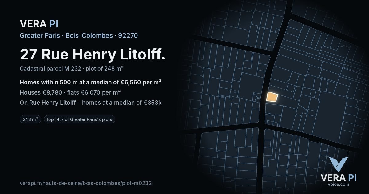 27 Rue Henry Litolff, Bois-Colombes at night – the plot lit, the parcels around coloured by the prices near them