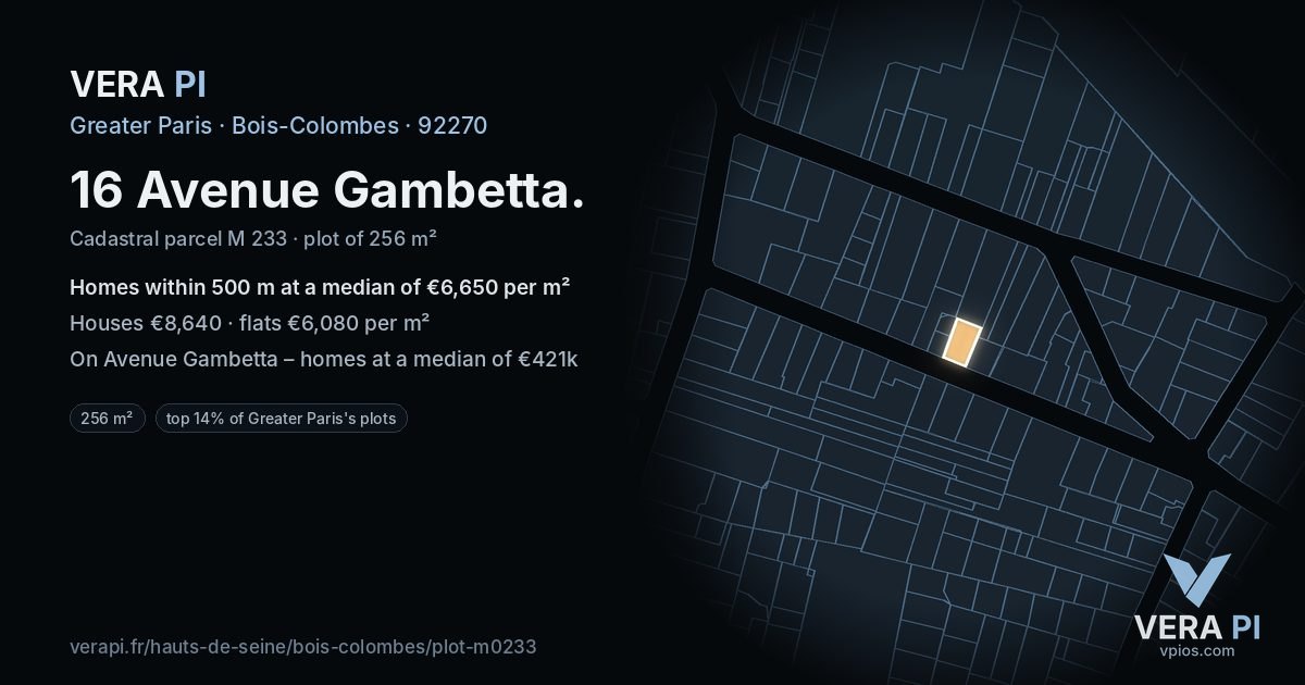 16 Avenue Gambetta, Bois-Colombes at night – the plot lit, the parcels around coloured by the prices near them
