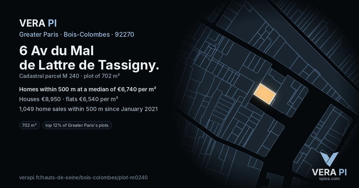6 Av du Mal de Lattre de Tassigny, Bois-Colombes at night – the plot lit, the parcels around coloured by the prices near them