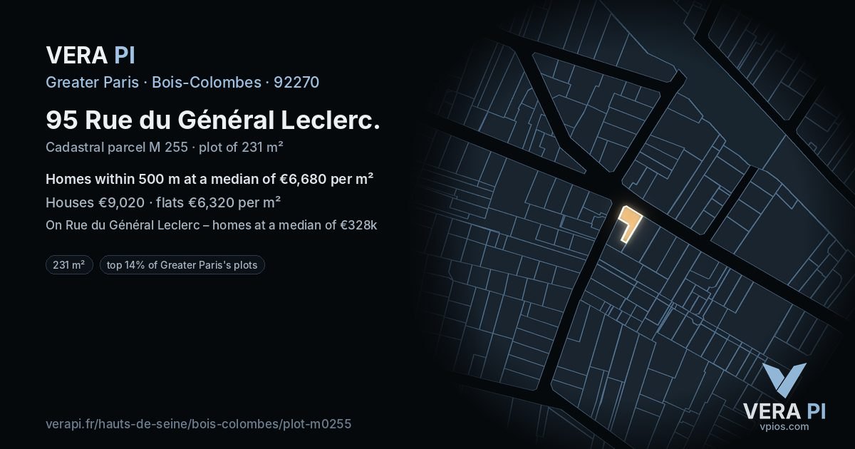 95 Rue du Général Leclerc, Bois-Colombes at night – the plot lit, the parcels around coloured by the prices near them