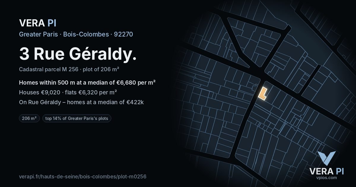 3 Rue Géraldy, Bois-Colombes at night – the plot lit, the parcels around coloured by the prices near them