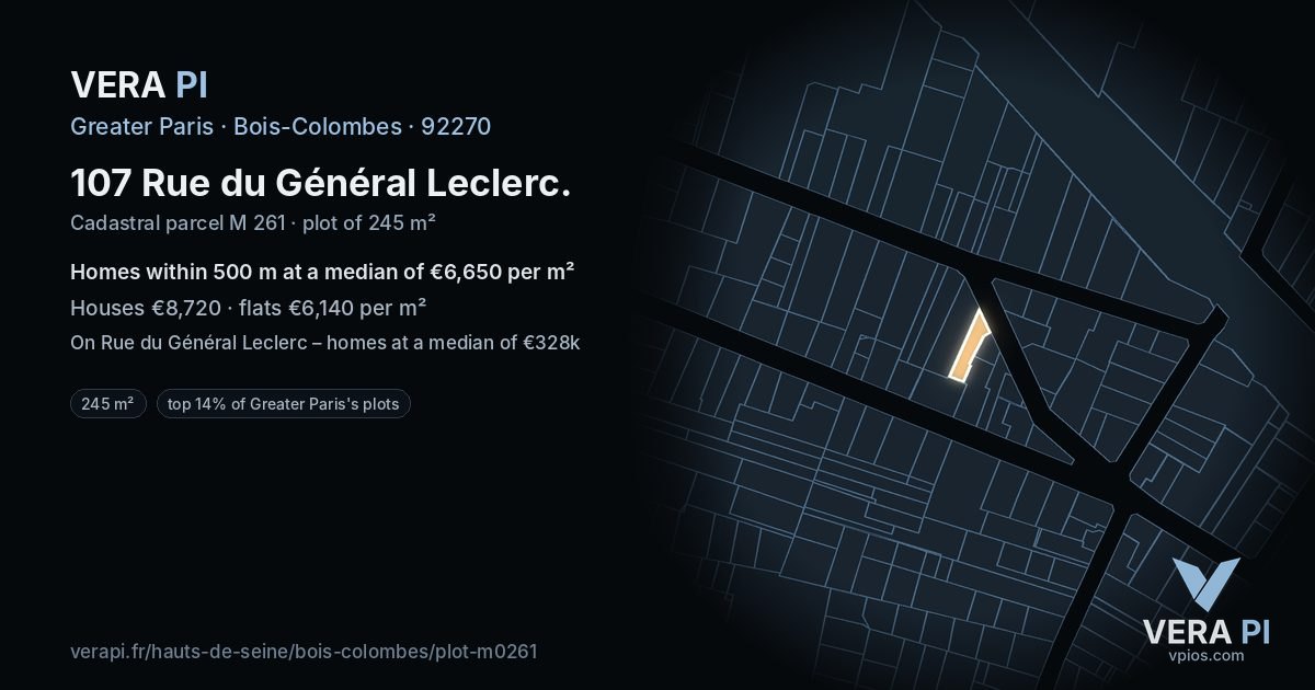 107 Rue du Général Leclerc, Bois-Colombes at night – the plot lit, the parcels around coloured by the prices near them