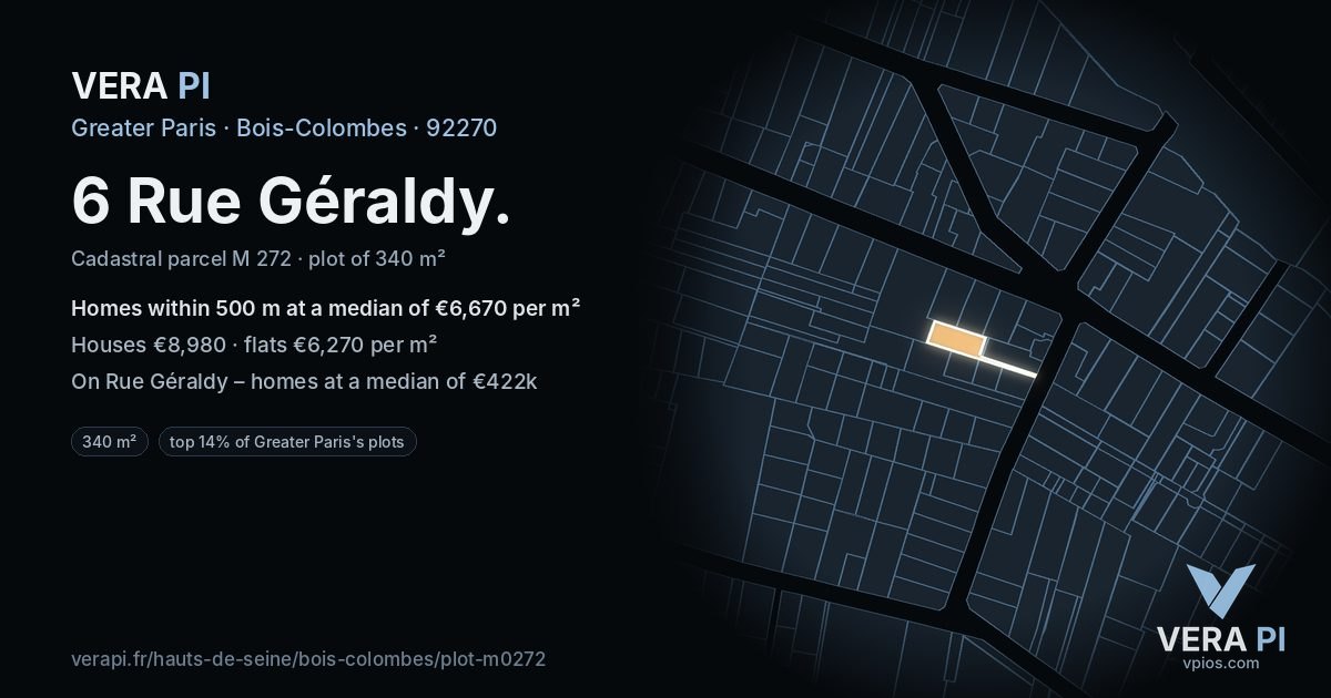 6 Rue Géraldy, Bois-Colombes at night – the plot lit, the parcels around coloured by the prices near them