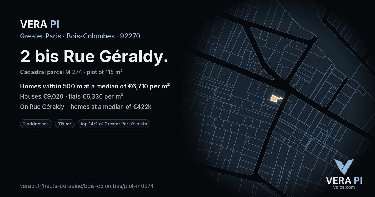 2 bis Rue Géraldy, Bois-Colombes at night – the plot lit, the parcels around coloured by the prices near them