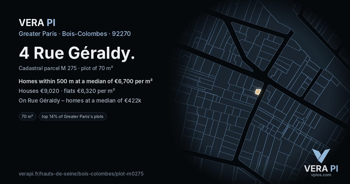 4 Rue Géraldy, Bois-Colombes at night – the plot lit, the parcels around coloured by the prices near them