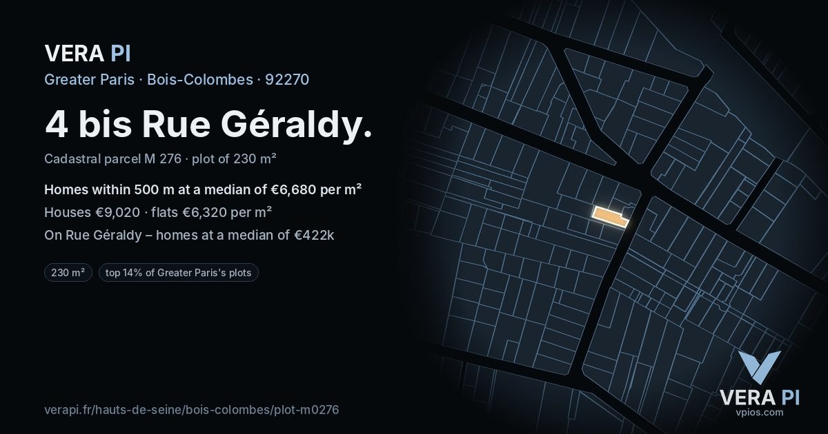 4 bis Rue Géraldy, Bois-Colombes at night – the plot lit, the parcels around coloured by the prices near them