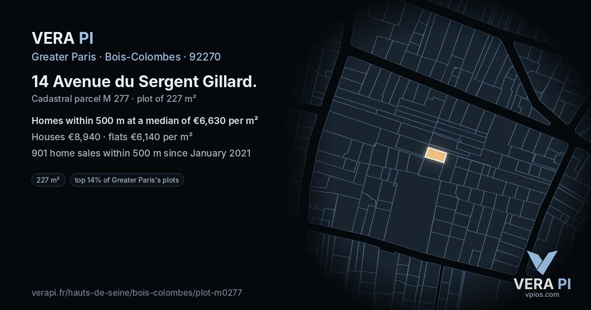 14 Avenue du Sergent Gillard, Bois-Colombes at night – the plot lit, the parcels around coloured by the prices near them
