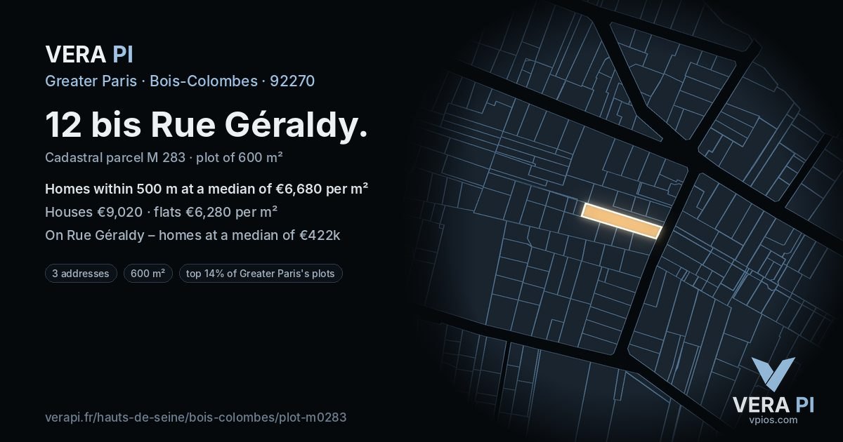 12 bis Rue Géraldy, Bois-Colombes at night – the plot lit, the parcels around coloured by the prices near them