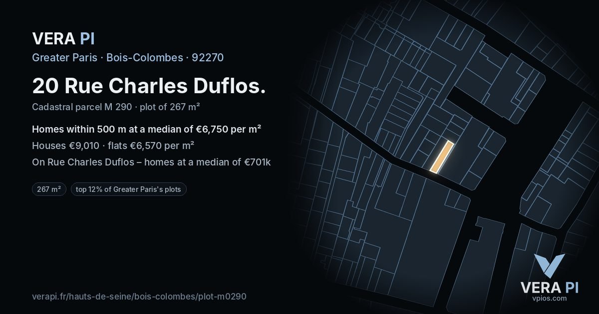 20 Rue Charles Duflos, Bois-Colombes at night – the plot lit, the parcels around coloured by the prices near them