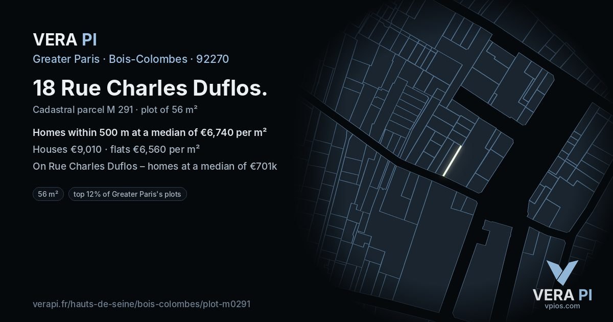 18 Rue Charles Duflos, Bois-Colombes at night – the plot lit, the parcels around coloured by the prices near them
