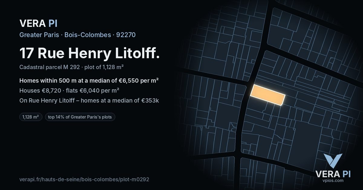 17 Rue Henry Litolff, Bois-Colombes at night – the plot lit, the parcels around coloured by the prices near them