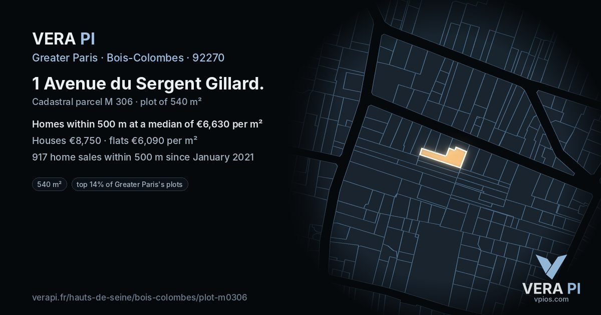 1 Avenue du Sergent Gillard, Bois-Colombes at night – the plot lit, the parcels around coloured by the prices near them