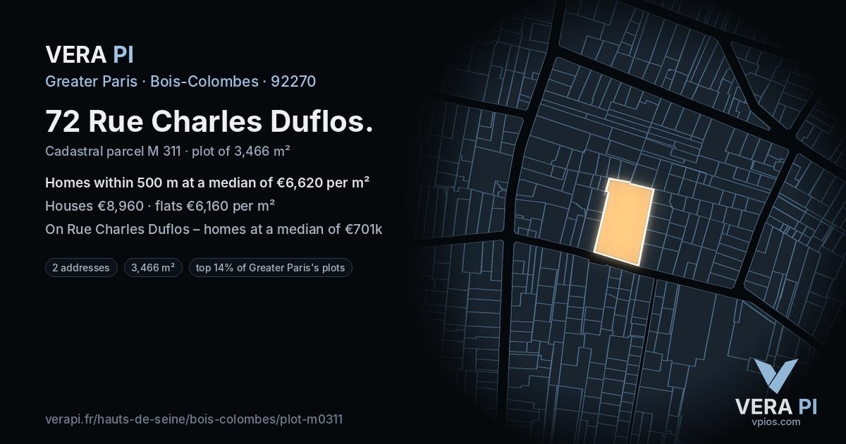72 Rue Charles Duflos, Bois-Colombes at night – the plot lit, the parcels around coloured by the prices near them
