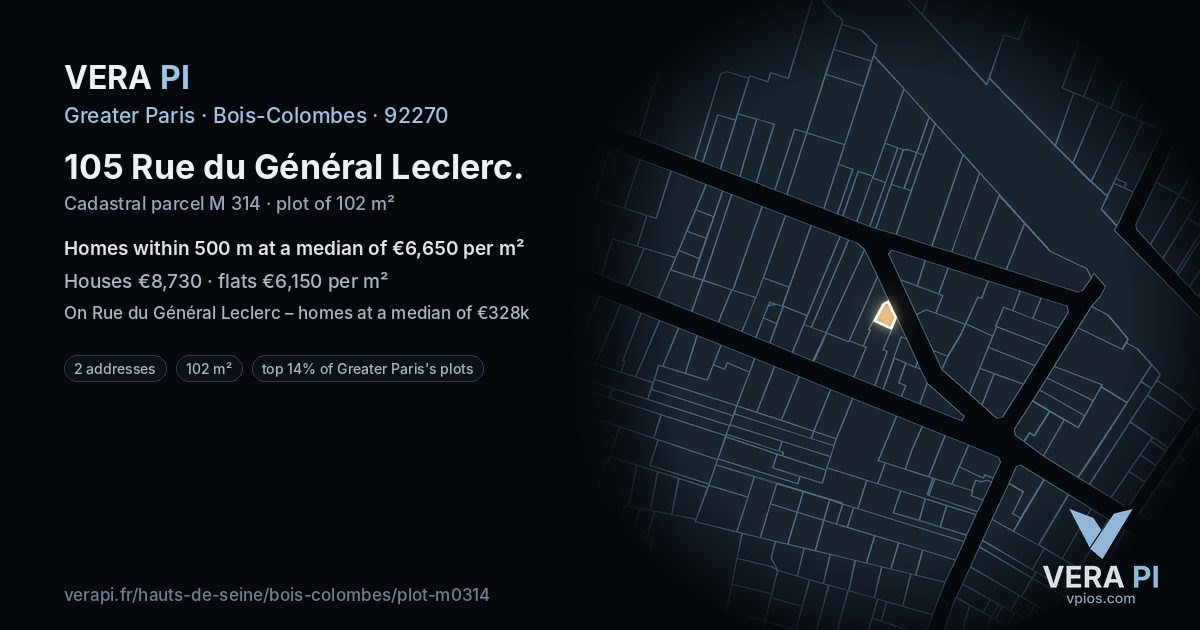 105 Rue du Général Leclerc, Bois-Colombes at night – the plot lit, the parcels around coloured by the prices near them