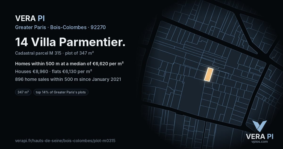 14 Villa Parmentier, Bois-Colombes at night – the plot lit, the parcels around coloured by the prices near them