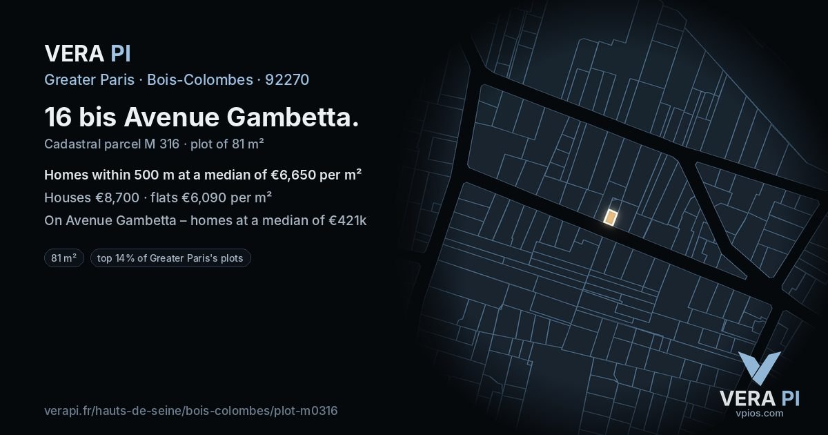 16 bis Avenue Gambetta, Bois-Colombes at night – the plot lit, the parcels around coloured by the prices near them