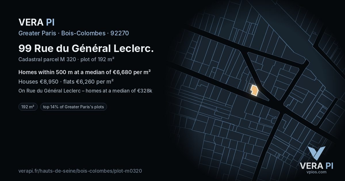 99 Rue du Général Leclerc, Bois-Colombes at night – the plot lit, the parcels around coloured by the prices near them