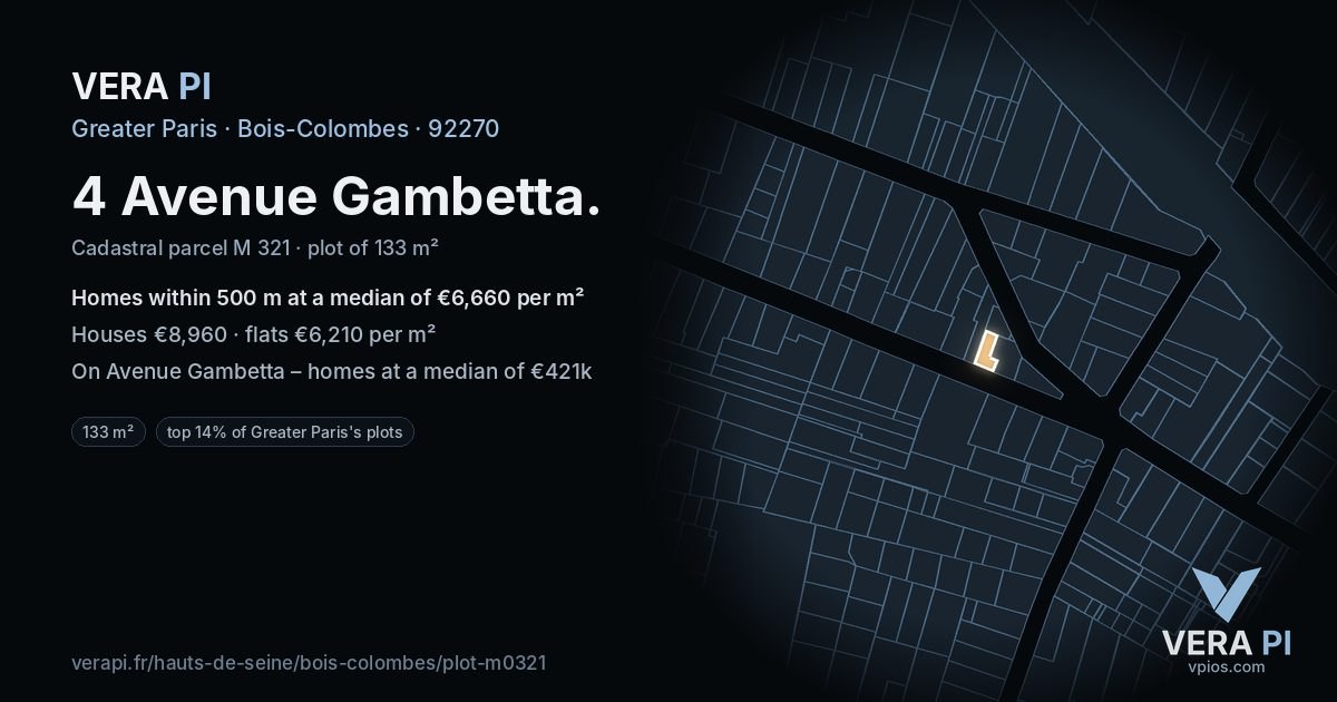 4 Avenue Gambetta, Bois-Colombes at night – the plot lit, the parcels around coloured by the prices near them