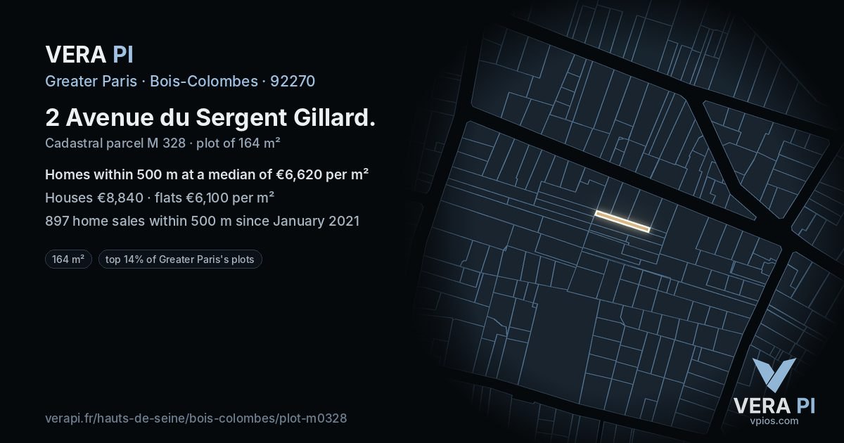 2 Avenue du Sergent Gillard, Bois-Colombes at night – the plot lit, the parcels around coloured by the prices near them