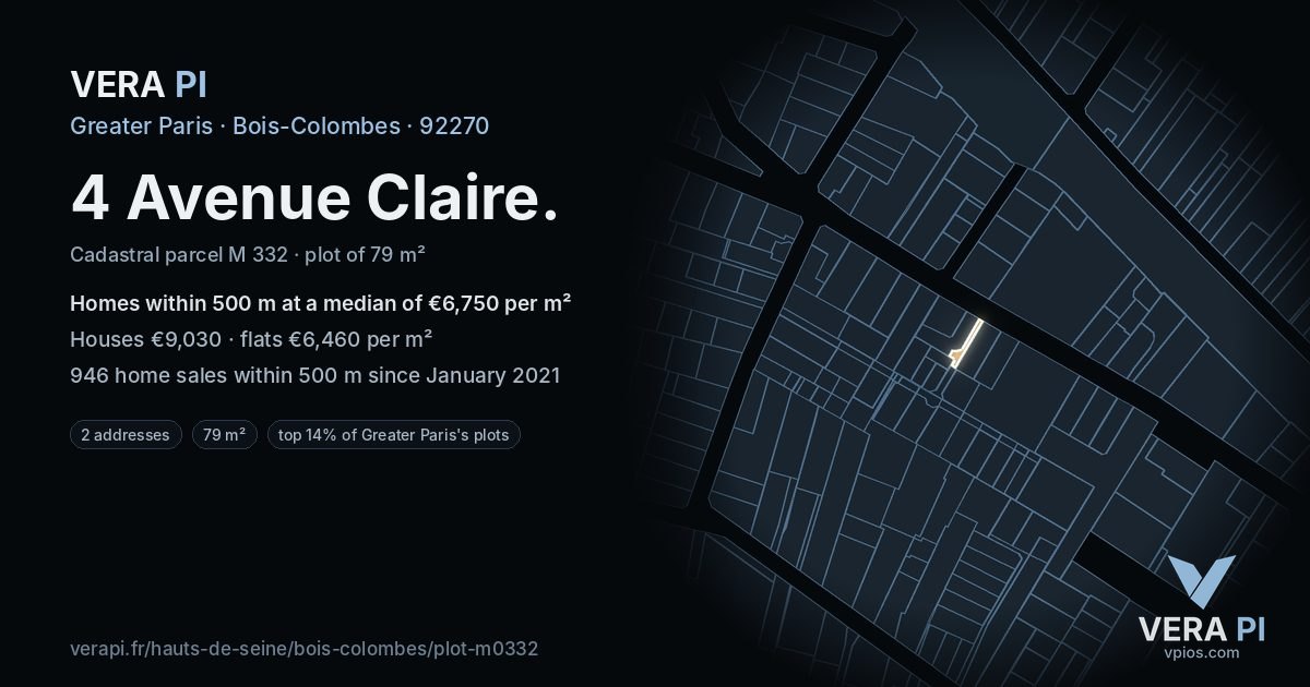4 Avenue Claire, Bois-Colombes at night – the plot lit, the parcels around coloured by the prices near them