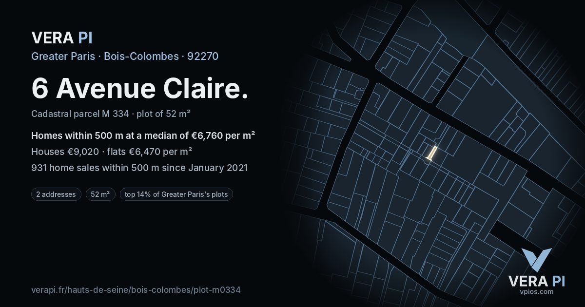 6 Avenue Claire, Bois-Colombes at night – the plot lit, the parcels around coloured by the prices near them