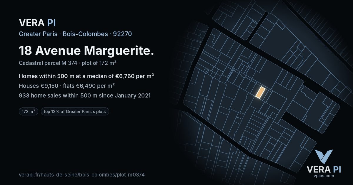 18 Avenue Marguerite, Bois-Colombes at night – the plot lit, the parcels around coloured by the prices near them