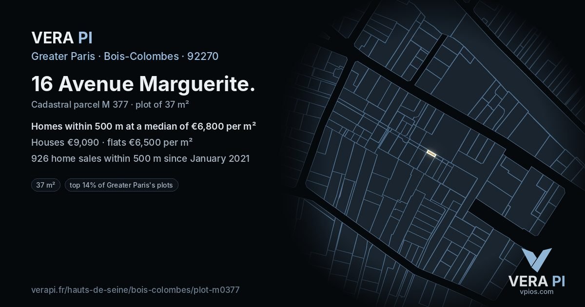 16 Avenue Marguerite, Bois-Colombes at night – the plot lit, the parcels around coloured by the prices near them