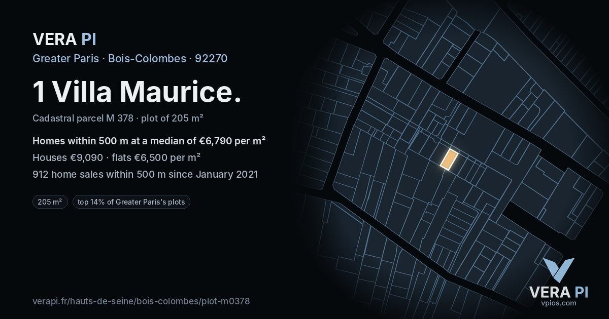 1 Villa Maurice, Bois-Colombes at night – the plot lit, the parcels around coloured by the prices near them