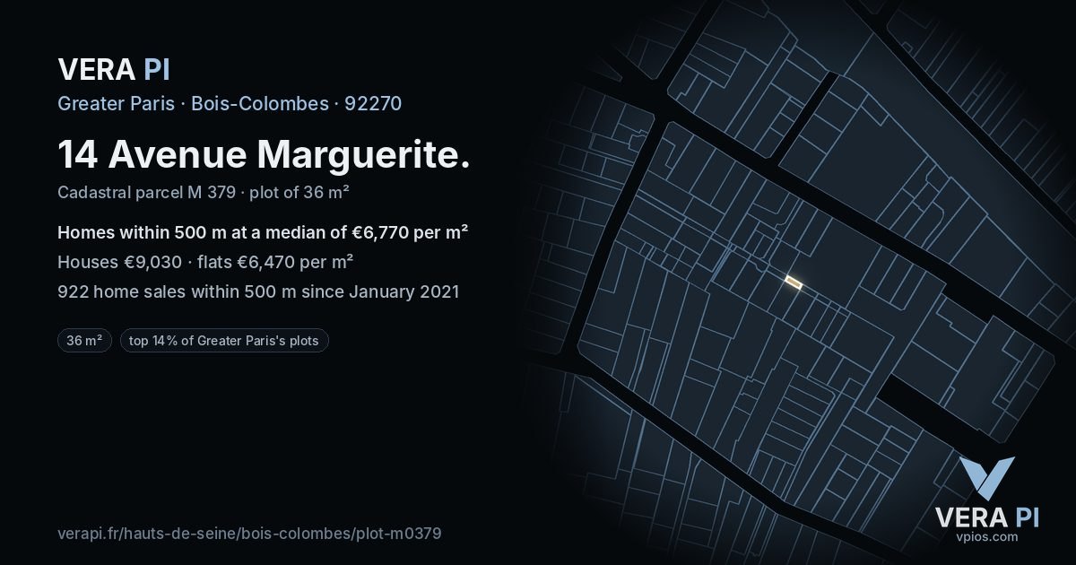 14 Avenue Marguerite, Bois-Colombes at night – the plot lit, the parcels around coloured by the prices near them
