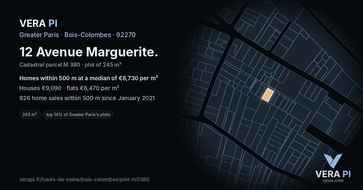 12 Avenue Marguerite, Bois-Colombes at night – the plot lit, the parcels around coloured by the prices near them