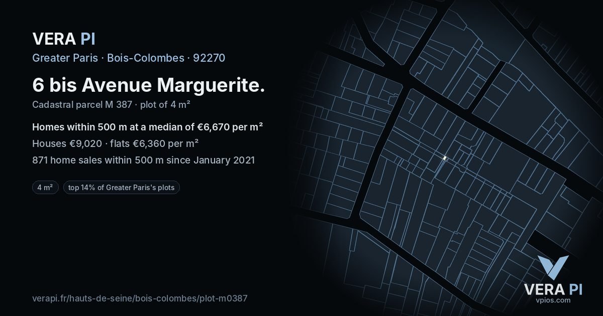 6 bis Avenue Marguerite, Bois-Colombes at night – the plot lit, the parcels around coloured by the prices near them