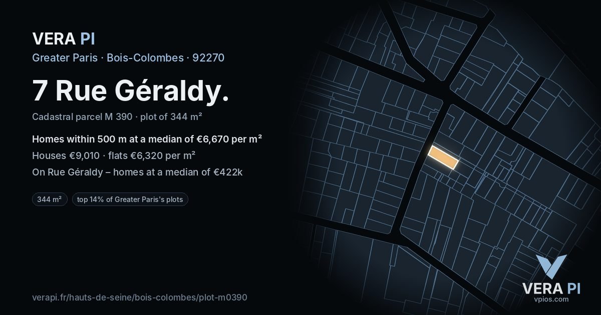7 Rue Géraldy, Bois-Colombes at night – the plot lit, the parcels around coloured by the prices near them