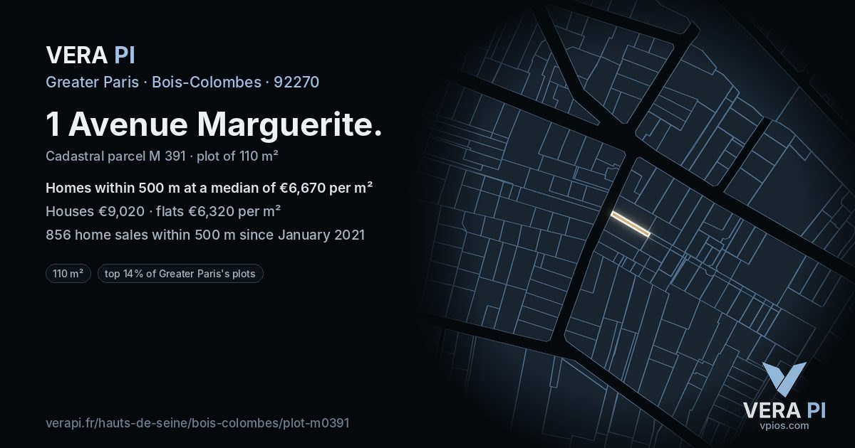 1 Avenue Marguerite, Bois-Colombes at night – the plot lit, the parcels around coloured by the prices near them