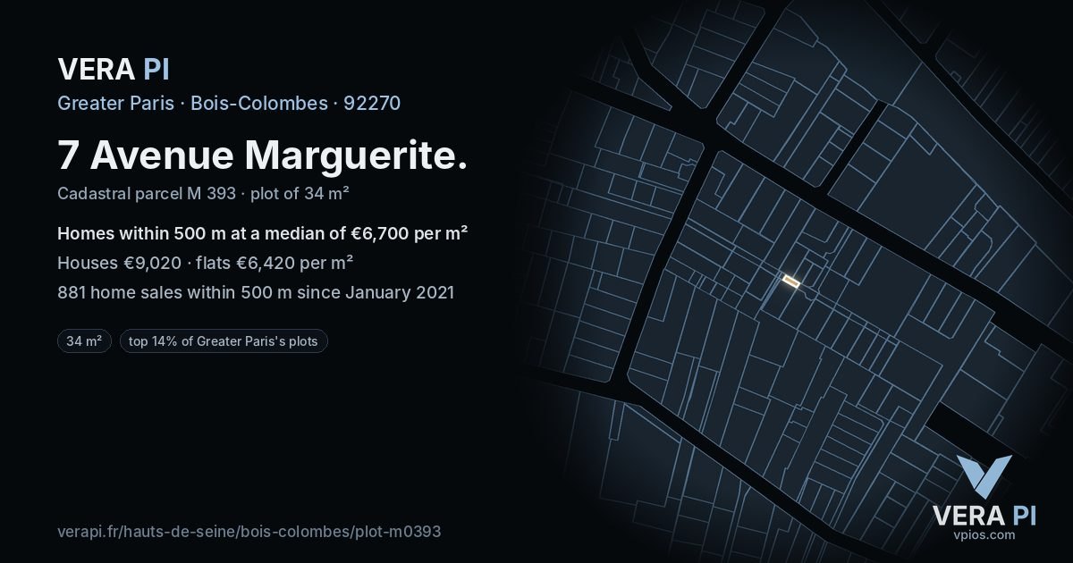 7 Avenue Marguerite, Bois-Colombes at night – the plot lit, the parcels around coloured by the prices near them